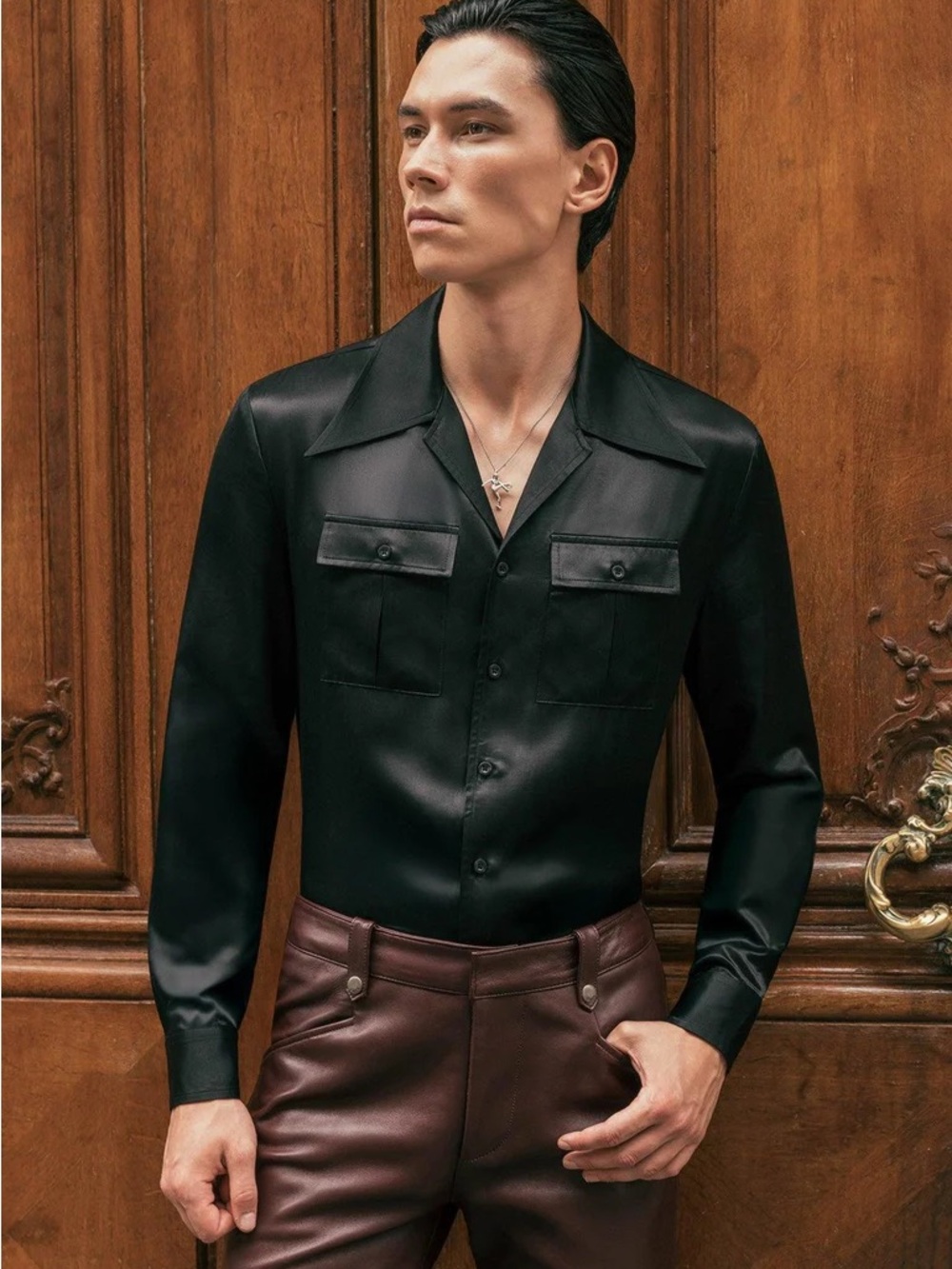 Men's 100% silk Long-Sleeve Button Shirt